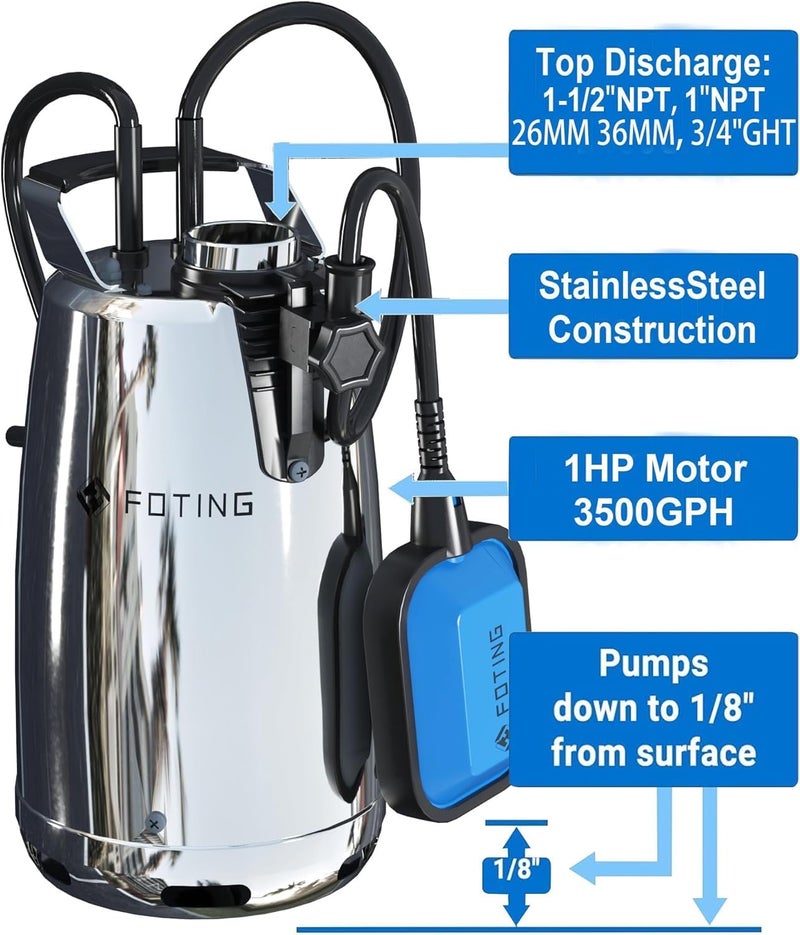 FOTING Sump Pump 1HP Clean/Dirty Submersible Water Pump,4600GPH Utility Pump Thermoplastic Electric Portable Transfer Water Pump for Swimming Pool Pond Basement with 10ft Power Cord,Stainless Auto - Image 2